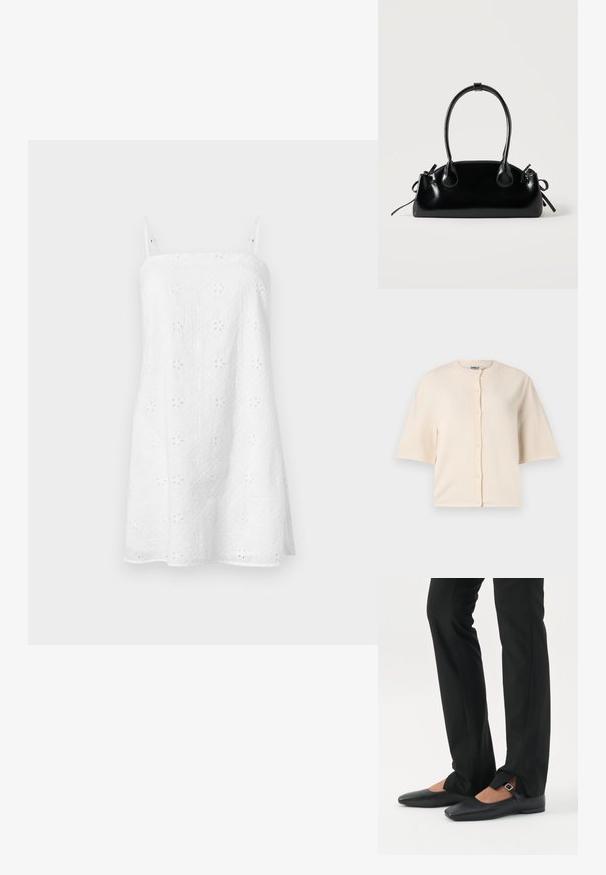 Beige kortærmet cardigan lavet af blødt stof, med rund halsudskæring og knaplukning foran, og en afslappet pasform.; Hvid ærmeløs minikjole med tynde justerbare stropper og broderet blomstermotiv i hulmønster.; Ben iført sorte smalle bukser med forreste slidser ved kanten, parret med sorte flade Mary Jane-sko med lille spænde.; Lille sort blank håndtaske med to lange håndtag og snøre-detaljer i siden på en ensfarvet lys baggrund.