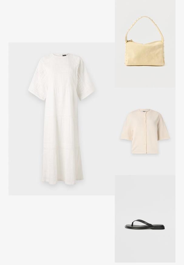 Beige cardigan met korte mouwen, gemaakt van zachte stof, met een ronde halslijn en knoopsluiting aan de voorkant, met een relaxed fit.; Witte katoenen jurk met een ronde halslijn, korte mouwen, gestructureerde patronen en een gelaagd ontwerp met kantafwerking aan de zoom.; Zwarte teenflip-flop van glad leer, met een dunne band en een platte zool met een minimalistisch profiel. Geen opvallende patronen of accenten.; Kleine beige leren handtas met een enkele band en zilveren studs langs de randen en band, tegen een effen achtergrond.