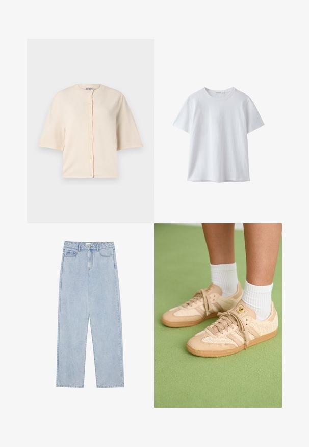 Beige kortærmet cardigan lavet af blødt stof, med rund halsudskæring og knaplukning foran, og en afslappet pasform.; Hvid t-shirt med korte ærmer og rund hals i blødt stof, vist på en hvid baggrund.; Lyseblå, højtaljede denimbukser med lige ben, fem lommer og synlige sømme. Materialet har en klassisk vaskeeffekt.; Fødder iført beige vævede Adidas sneakers med gummisåler og hvide ankelsokker på en grøn struktureret gulv.