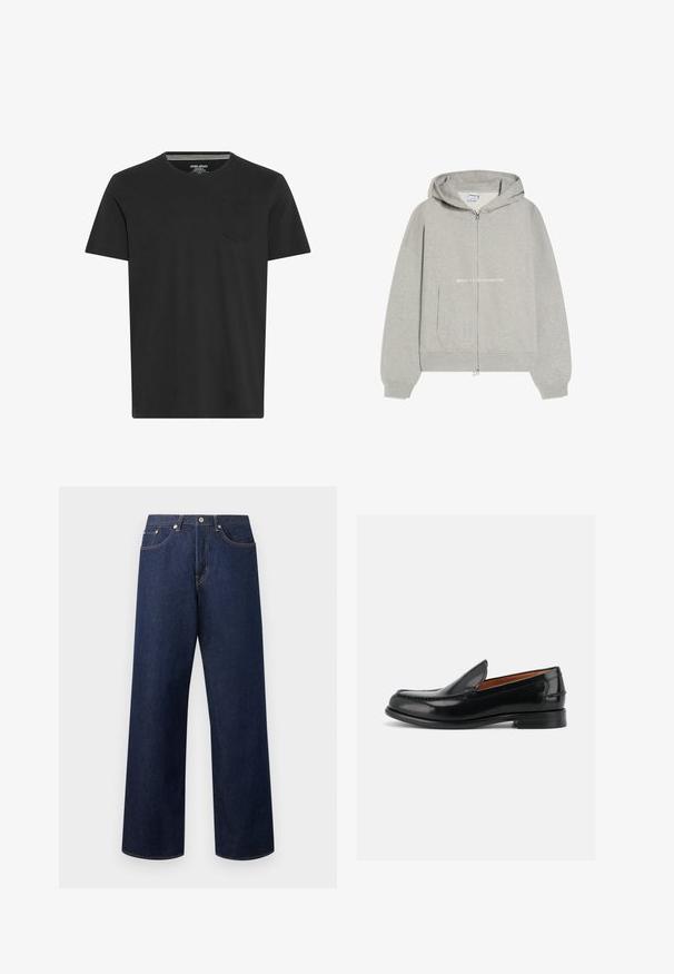 Lysegrå hættejakke med lynlås, frontlomme, ribbede ærmegab og hætte, med lille hvid tekst "WORLDWIDE STUDIO CONNECTION" på forsiden.; Sort kortærmet T-shirt lavet af bomuld. Har en rund hals og en lille lomme på venstre bryst. Glat tekstur og simpelt design.; Mørkeblå vidde denimjeans med fem lommer, knaplukning og kontrastsyninger, vist på en ensfarvet lys baggrund.; Sort poleret læder herre loafer med lav hæl og syet forfod, vist i sideprofil på hvid baggrund.