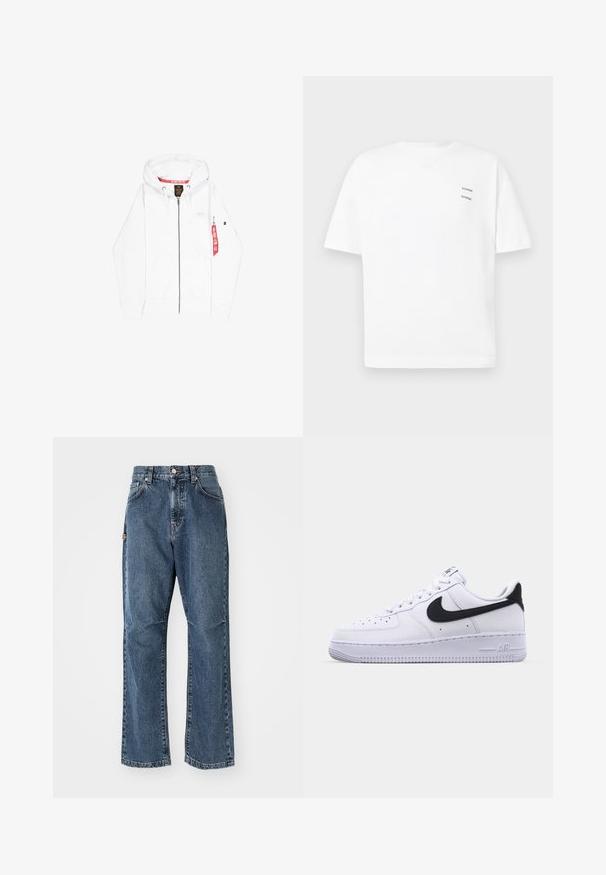 Witte zip-up hoodie van zacht materiaal, met een trekkoordcapuchon, voorzakken en een rood labeldetail op de mouw.; Witte katoenen t-shirt met een relaxed fit, korte mouwen en een V-hals. Bevat twee kleine zwarte bedrukte logo's aan de linkerkant.; Blauwe denimspijkerbroek met een hoge taille, recht model en zijzakken. Kenmerkt zich door contrasterende stiksel en een knoopsluiting.; Witte leren sneaker met een gestructureerde zwarte Swoosh, platte veters en een rubberen zool met een geribbeld patroon. "AIR" is in de hak geperst.