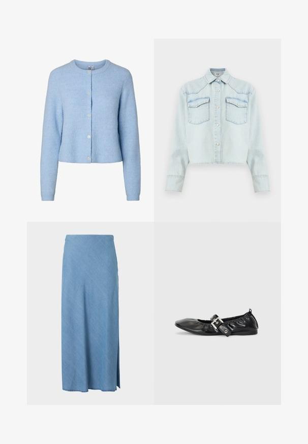 Cardigan en maille bleu clair à manches longues avec un col rond et cinq boutons sur le devant, montrant un tissu à texture douce.; Veste en jean bleu clair à manches longues, fermeture avant à boutons pression, deux poches poitrine à rabat et col pointu.; Jupe midi bleu clair à coupe droite avec une petite fente latérale, en tissu doux.; Chaussure plate en cuir noir avec un nez pointu, des détails froncés autour de l'ouverture et un accent en boucle argentée sur la bride ajustable.