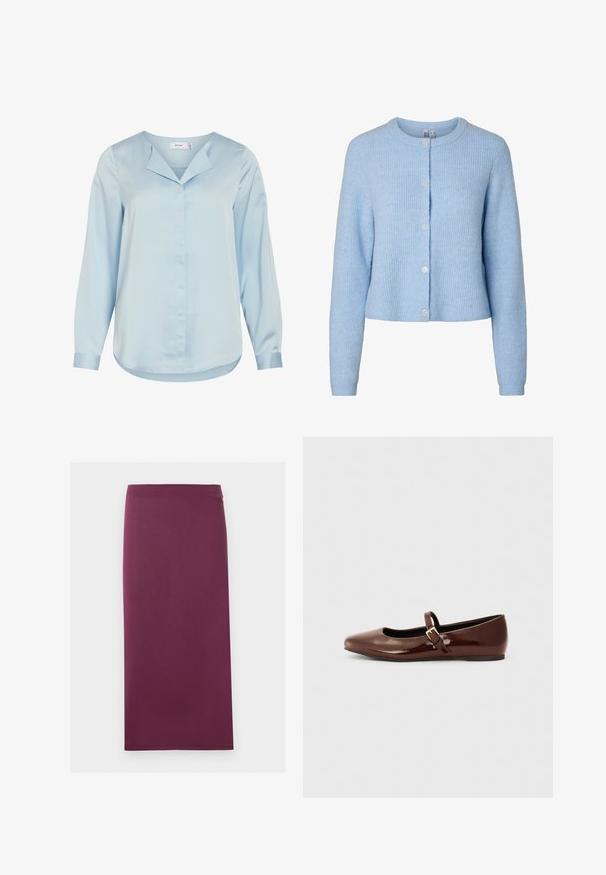 Hellblauer, langärmeliger Strickcardigan mit rundem Ausschnitt und fünf Knöpfen vorne, zeigt einen weich strukturierten Stoff.; Hellblaue Bluse mit langen Ärmeln, verdeckter Knopfleiste vorne, spitzem Kragen und abgerundetem Saum, aus glattem Stoff gefertigt.; Einfarbiger Bleistiftrock in Pflaumenfarbe mit geradem Schnitt und mittlerer Länge, flach auf weißem Hintergrund dargestellt.; Braune Lackleder-Ballerinas mit quadratischer Zehenform und Riemen mit einer kleinen goldenen Schnalle. Glatte Textur, niedriger Absatz und minimalistisches Design.