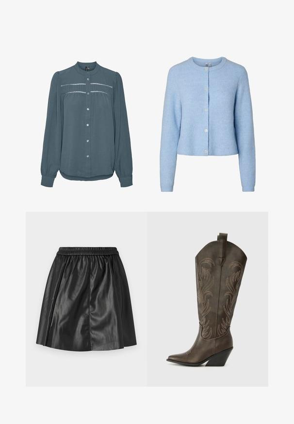 Lyseblå, langærmet strikket cardigan med rund hals og fem knapper foran, der viser et blødt tekstureret stof.; Langærmet teal bluse med knapper foran, rund krave, samlet skulderstykke med blondekanter over brystet og ærmer med manchetter.; Sort læder mini nederdel med elastisk talje, samlet design og sidelister, med en glat og skinnende tekstur.; Brune læder cowboystøvle med spids tå, kilehæl og dekorativ broderi. Har en høj stok og en trækflap.