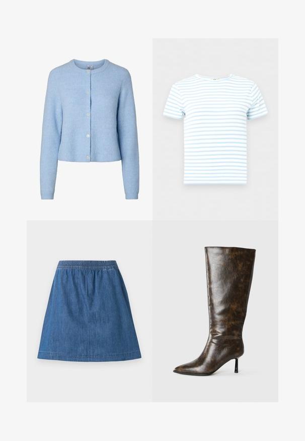 Hellblauer, langärmeliger Strickcardigan mit rundem Ausschnitt und fünf Knöpfen vorne, zeigt einen weich strukturierten Stoff.; Kurzärmeliges, geripptes Crop-Top mit hellblauen und weißen horizontalen Streifen, rundem Ausschnitt, vor schlichtem Hintergrund präsentiert.; Blauer Denim-A-Linien-Rock mit elastischem Bund und sichtbaren Nähten entlang Saum und Bund, auf weißem Hintergrund dargestellt.; Brauner kniehoher Lederstiefel mit glänzendem Finish, spitz zulaufender Zehenpartie und schlankem, hohem Absatz. Das Material weist ein strukturiertes, rissiges Muster auf.