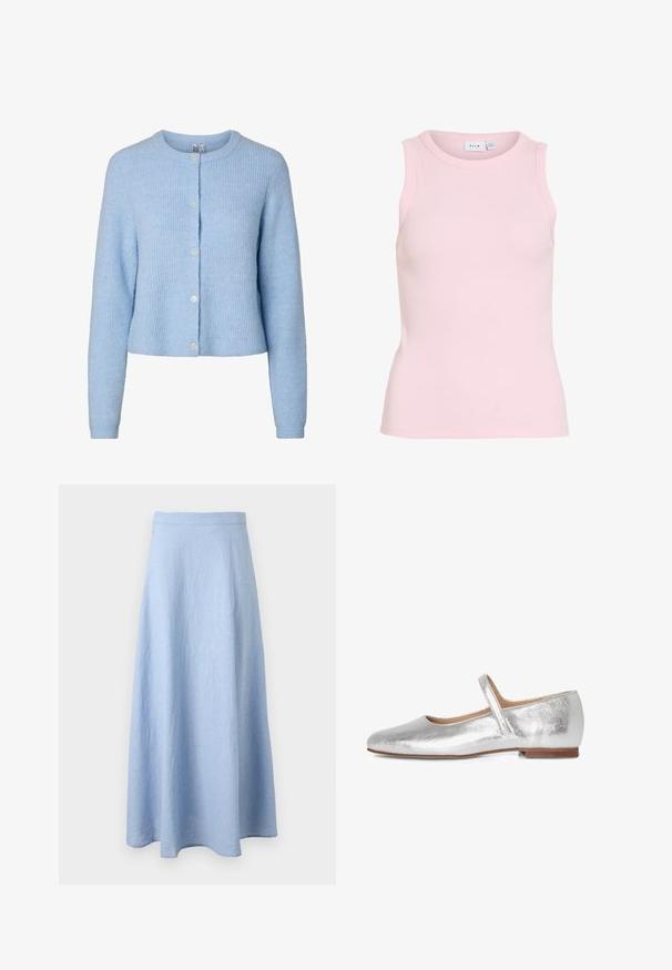 Lyseblå, langærmet strikket cardigan med rund hals og fem knapper foran, der viser et blødt tekstureret stof.; Ærmeløs, ribbet, lyserød tanktop med rund halsudskæring, tætsiddende silhuet og mærke indvendigt ved kraven.; Lyseblå, ankellang A-line nederdel med figursyet talje, lavet af blødt, tekstureret stof, vist på hvid baggrund.; Sølvmetallic flad sandal med afrundet tå, justerbar rem og en lille hæl. Glat tekstur og klassisk design.