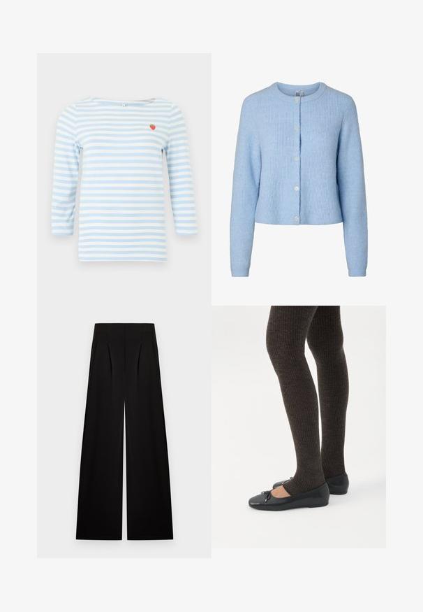 Cardigan en maille bleu clair à manches longues avec un col rond et cinq boutons sur le devant, montrant un tissu à texture douce.; Chemise à manches longues à rayures horizontales bleu clair et blanc avec un petit écusson de fraise rouge sur la partie supérieure gauche de la poitrine.; Pantalon noir à taille haute et jambes larges avec plis sur le devant, posé à plat sur un fond clair.; Jambes portant des leggings côtelés foncés associés à des ballerines noires avec de petits détails en nœud sur fond blanc.
