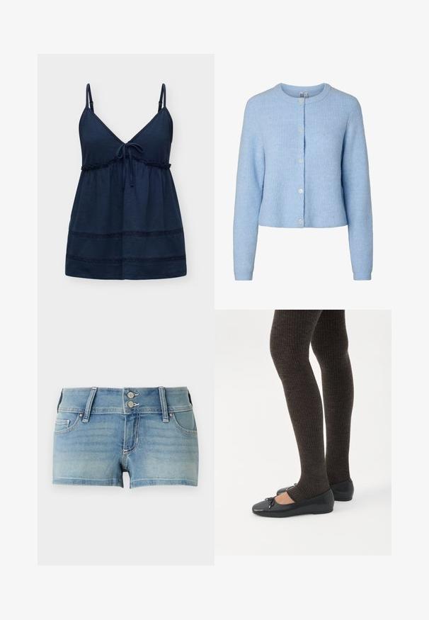 Cardigan en maille bleu clair à manches longues avec un col rond et cinq boutons sur le devant, montrant un tissu à texture douce.; Top caraco bleu marine sans manches avec bretelles réglables, encolure en V, lien noué au centre devant, et bordure en dentelle décorative près de l'ourlet.; Short en jean bleu clair avec fermeture à double bouton, passants pour ceinture et poches avant, présenté sur un fond blanc uni.; Jambes portant des leggings côtelés foncés associés à des ballerines noires avec de petits détails en nœud sur fond blanc.
