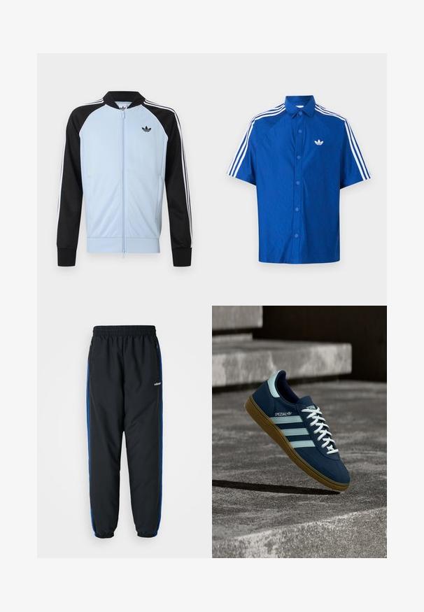 Lyseblå træningsjakke med sorte ærmer, hvide striber langs ærmerne, lynlås foran og et lille sort Adidas-logo på brystet.; Blå kortærmet skjorte med knapper, med hvid Adidas-logo på brystet og tre hvide striber langs skuldrene og ærmerne.; Sorte atletiske bukser med elastisk talje, blå sideløb, lynlåslommer og tætsiddende benafslutninger for en stram pasform. Lavet af let materiale.; Blå Adidas Spezial sneaker med hvide striber og snørebånd, gummisål, svævende over en ru betongoverflade og trin i baggrunden.
