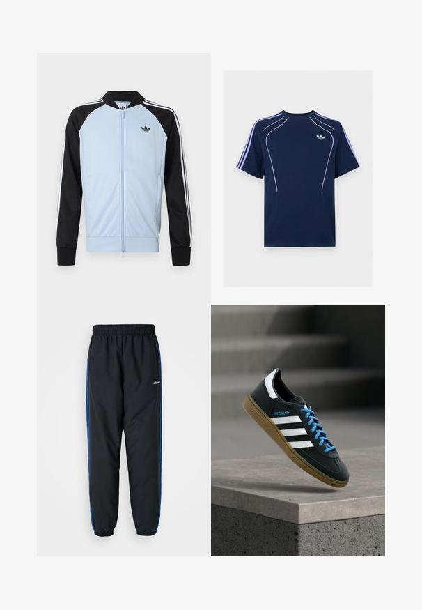 Svetlomodrá športová bunda s čiernymi rukávmi, bielymi pruhmi na rukávoch, predným zipsom a malým čiernym logom Adidas na hrudi.; Tmavomodré tričko s krátkym rukávom so svetlofialovými pruhmi na rukávoch, bielym zakriveným lemom vpredu a malým bielym logom Adidas na ľavej strane hrudníka.; Čierne športové nohavice s elastickým pásom, modrými bočnými pruhmi, vreckami na zips a zúženými manžetami pre tesný strih. Vyrobené z ľahkého materiálu.; Čierna teniska Adidas s bielymi pruhmi, modrými šnúrkami a gumovou podrážkou, ktorá sa vznáša nad sivým betónovým schodom v mäkkom svetle.