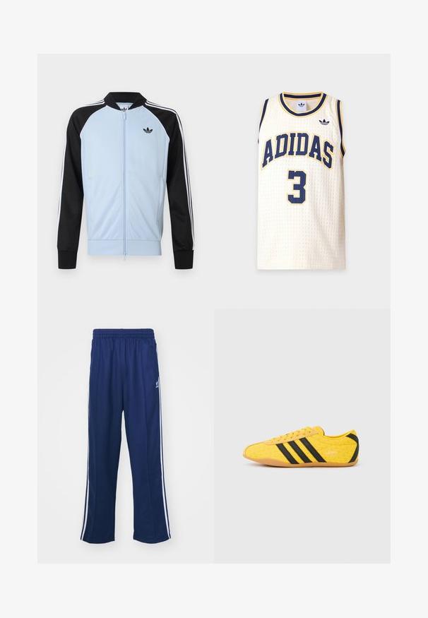 Helehall sinine track-jakk mustade varrukatega, varrukatel valged triibud, esiküljel tõmblukk ja väike must Adidas logo rinnal.; Valge võrgust ilma varrukateta Adidas sportlik särk mereväe- ja kollase ääristusega, mereväe number kolm ja Adidas logo rinnal.; Tumed sinised spordipüksid lõdva lõikega, valgete külgtriipudega ja elastse vöökoha ning sileda kangaga, ilma nähtavate mustrite või lisadega.; Kollane sportlik jalanõu tekstuurse pealiskihiga, millel on mustad triibud ja logo. Ümar nina, pehme tallaosa ning materjalil siksakmuster.