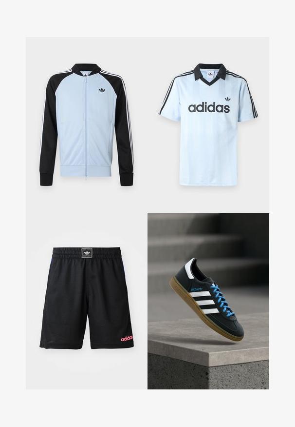 Vaaleansininen verryttelytakki mustilla hihoilla, valkoiset raidat hihoissa, edessä vetoketju ja pieni musta Adidas-logo rinnassa.; Vaaleansininen urheilupaita, jossa on musta kaulus, pystysuorat raidat ja kolme mustaa raitaa kummassakin hihassa. "adidas"-logo mustana.; Musta urheilushortsit, jotka on valmistettu teksturoidusta ja hengittävästä kankaasta. Ominaisuuksina joustava vyötärö ja alhaalla oikealla puolella vaaleanpunainen "adidas"-logo.; Musta Adidas-tennari valkoisilla raidoilla, sinisillä nauhoilla ja kumipohjalla kelluu pehmeässä valossa harmaan betonisen portaan yllä.