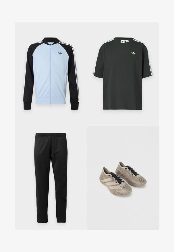Svetlomodrá športová bunda s čiernymi rukávmi, bielymi pruhmi na rukávoch, predným zipsom a malým čiernym logom Adidas na hrudi.; Čierne bavlnené tričko s krátkymi rukávmi, okrúhlym výstrihom a bielymi tromi pruhmi na ramenách. Na hrudi je malý biely logo.; Čierne športové nohavice vyrobené z hladkej tkaniny, vybavené elastickým pásom, zúženými nohavicami a rebrovanými manžetami na členkoch.; Pár béžových športových topánok s čiernymi šnúrkami, s textúrovaným pruhovaným vzorom a tromi bočnými pruhmi na jednoliatom pozadí.