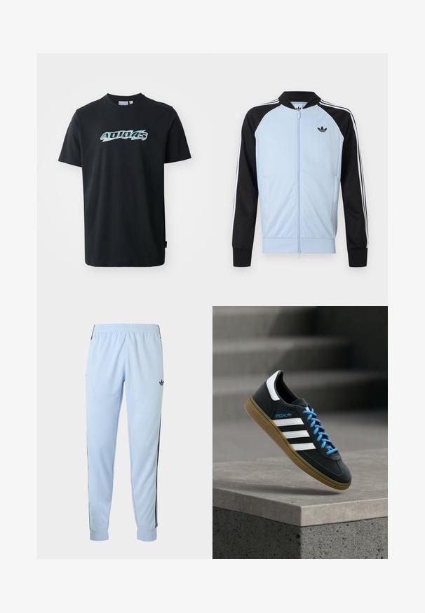 Chaqueta deportiva azul claro con mangas negras, rayas blancas a lo largo de las mangas, cremallera frontal y un pequeño logo negro de Adidas en el pecho.; Camiseta de algodón negra con mangas cortas, que presenta un logo "ADIDAS" brillante y multicolor en la parte frontal. Diseño clásico de cuello redondo.; Pantalones deportivos azul claro con rayas negras a los lados, cintura elástica, puños en los tobillos y logo de adidas en el muslo derecho.; Zapatilla negra Adidas con franjas blancas, cordones azules y suela de goma flotando sobre un escalón de hormigón gris con luz suave.