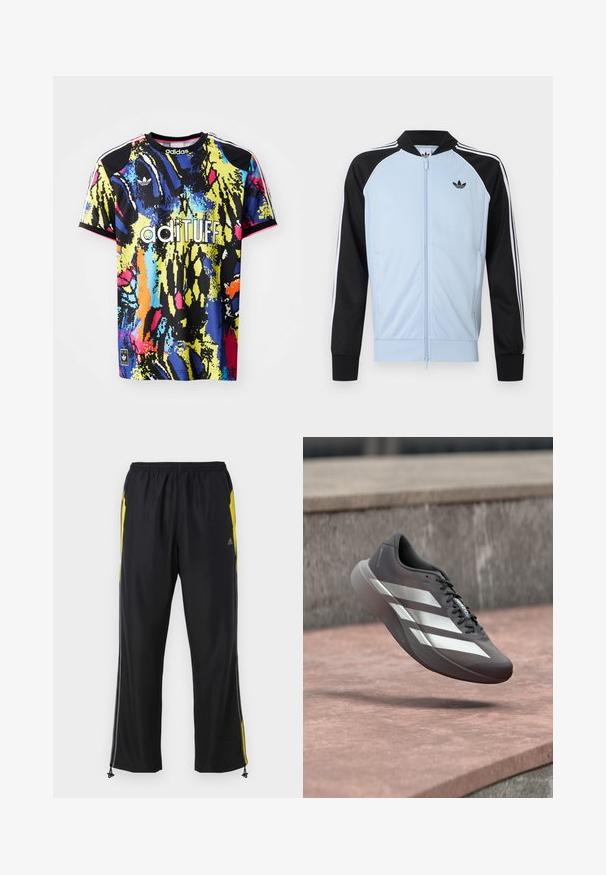Lyseblå træningsjakke med sorte ærmer, hvide striber langs ærmerne, lynlås foran og et lille sort Adidas-logo på brystet.; Mønstret adidas sportsjersey i flere farver med et livligt abstrakt mønster, korte ærmer, rund halsudskæring og "adituff" logo på fronten.; Sorte træningsbukser med gule sideaccenter, elastisk talje og lynlåslommer på siden. Fremstillet af let og glat stof.; Grå og hvid Adidas løbesko svæver i luften over stentrin på en udendørs overflade.