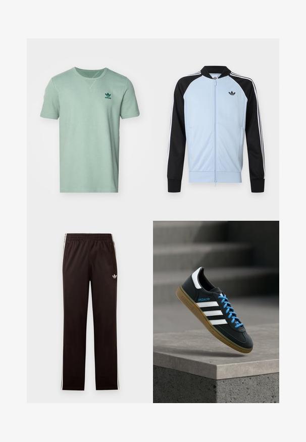 Vaaleansininen verryttelytakki mustilla hihoilla, valkoiset raidat hihoissa, edessä vetoketju ja pieni musta Adidas-logo rinnassa.; Vihreä mintunvärinen t-paita lyhyillä hihoilla, jossa on teksturoitu kuosi, pyöreä kaula-auko ja tummanvihreä adidas-logo vasemmassa rinnassa.; Mustat Adidas-verkkarit, joissa on joustava vyötärönauha, valkoiset sivuraitoja, vetoketjulliset taskut ja pieni kolmilehtilogo vasemman reiden kohdalla.; Musta Adidas-tennari valkoisilla raidoilla, sinisillä nauhoilla ja kumipohjalla kelluu pehmeässä valossa harmaan betonisen portaan yllä.