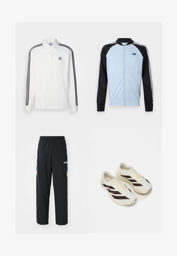 Hellblaues Sportjacke mit schwarzen Ärmeln, weißen Streifen entlang der Ärmel, Reißverschluss vorne und einem kleinen schwarzen Adidas-Logo auf der Brust.; Weißes Poloshirt mit langen Ärmeln, klassischem Kragen, schwarzen drei Streifen an den Ärmeln und kleinem schwarzem Logo auf der Brust.; Schwarze Sporthose mit elastischem Bund, ausgestattet mit blauen und weißen grafischen Akzenten an den Seiten und einem gestickten Logo.; Helle Laufcremeschuhe mit dunkelbraunen diagonalen Streifen, strukturiertem Mesh-Obermaterial und gepolsteter Sohle. Mit gelbem "ADIZERO" Branding.