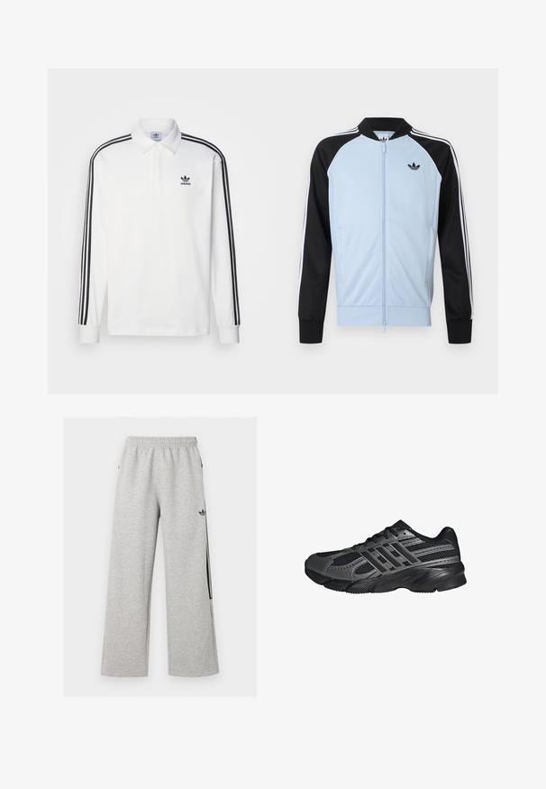 Svetlomodrá športová bunda s čiernymi rukávmi, bielymi pruhmi na rukávoch, predným zipsom a malým čiernym logom Adidas na hrudi.; Biela polo košeľa s dlhým rukávom so klasickým golierom, čiernymi trojpruhovými akcentmi pozdĺž rukávov a malým čiernym logom na hrudi.; Svetlošedé široké tepláky s elastickým pásom a čiernym logom Adidas trefoil na pravom stehne.; Čierne športové topánky vyrobené z pletiva a syntetických materiálov, s textúrovaným povrchom, viacerými šedými pruhmi a polstrovaným golierom.