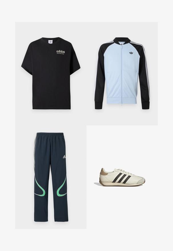 Chaqueta deportiva azul claro con mangas negras, rayas blancas a lo largo de las mangas, cremallera frontal y un pequeño logo negro de Adidas en el pecho.; Camiseta de algodón negra con mangas cortas, con cuello redondo y logo blanco de Adidas con "SPORT DESIGN STUDIO" en dorado. Textura suave.; Pantalones de chándal navy hechos de una tela ligera, con rayas blancas a los lados y acentos curvos verdes. Cintura elástica para mayor comodidad.; Zapatilla deportiva de cuero blanco con tres rayas negras, una cubierta de talón beige y una puntera texturizada gris. Superficie lisa con suela de goma.