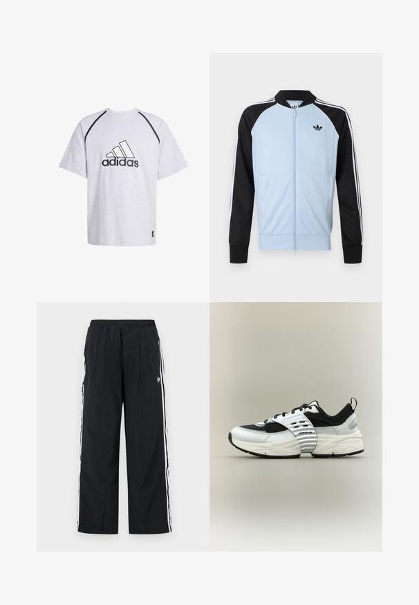 Lichtblauw trainingsjack met zwarte mouwen, witte strepen langs de mouwen, een ritssluiting aan de voorkant en een klein zwart Adidas-logo op de borst.; Grijze katoenen t-shirt met ronde hals, korte mouwen en contrasterende zwarte accenten langs de naden. Heeft een opvallend zwart Adidas-logo.; Zwarte wijde broekspijpen met witte zijstrepen, elastische tailleband, plooien aan de voorkant en het Adidas-logo op de rechterdij.; Witte en zwarte lage sneaker met mesh- en leren panelen, dikke zool en geribde middenvoetband met opschrift "Jordan" op een neutrale achtergrond.