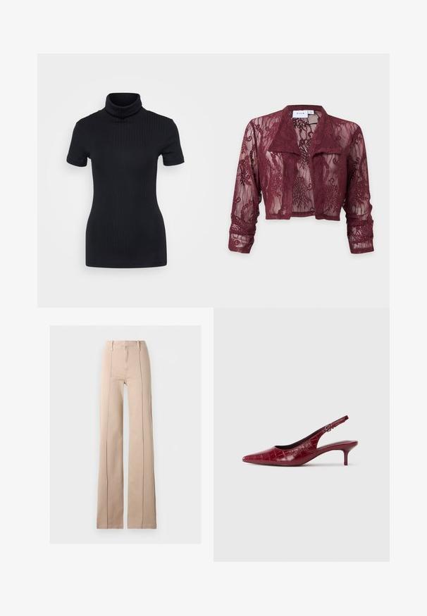 Vinrød cropped blondejakke med lange ærmer, en foldet krave og blomstret blonde mønster, lavet af VILA, vist på en ensfarvet baggrund.; Sorte ribbede turtleneck top, korte ærmer, tætsiddende design, blød tekstur, minimale sømme og en høj krave.; Beige viddebukser med højtaljet snit, forsynede med fremadrettede syninger, bæltestropper og lynlås foran på en ensfarvet baggrund.; Bordeaux læder slingback pumpe med krokodillestruktur, spidse tæer, justerbar spænde rem og lav kitten hæl på en hvid baggrund.