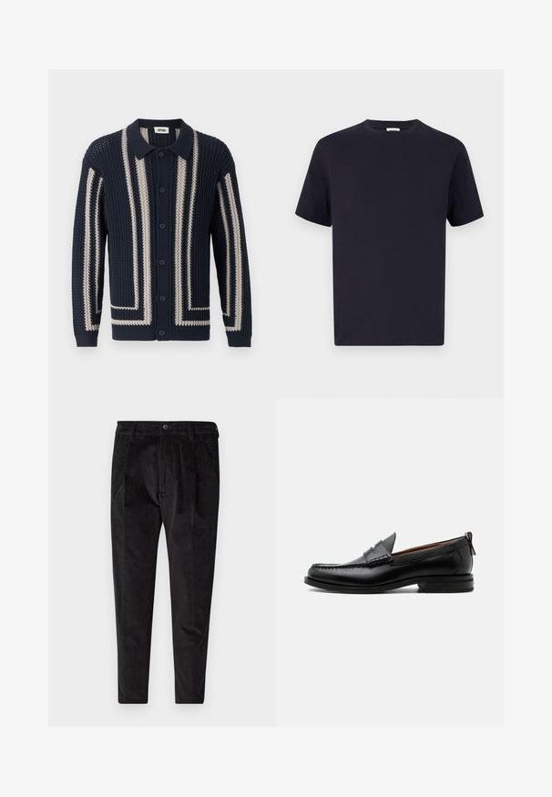 DRYKORN EMILIANO - Cardigan - blue; Marineblå bomulds T-shirt med rund halsudskæring, korte ærmer og afslappet pasform; glat tekstur; ingen synlige mønstre eller hardware.; Sorte fløjl bukser med en tekstureret overflade, der har lige ben, plisseret front og elastisk talje for øget komfort.; Sort læder herre loafer med moc-tå syning, penny strop, struktureret krave og lav stablet hæl på hvid baggrund.