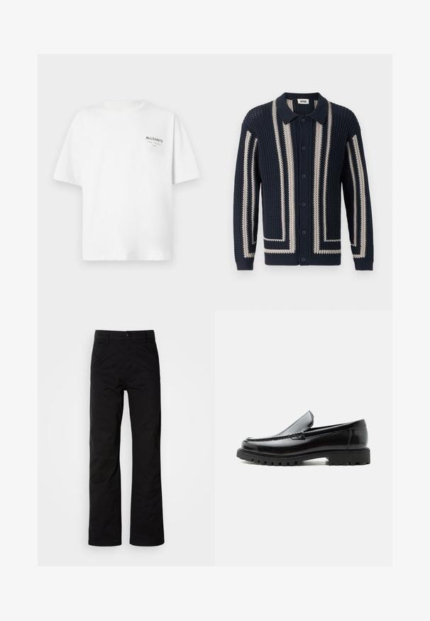 DRYKORN EMILIANO - Cardigan - blue; Hvid kortærmet bomulds T-shirt med lille sort "ALLSAINTS" tekst og japanske tegn trykt på venstre bryst.; Sort bomuldsbukser med lige ben, der har knaplukning og bæltestropper. Glat tekstur og minimalistisk stil uden synlige mønstre.; Sort læderloafer med chunky gummisål, syet overdel og præget mærkenavn på hælen, vist i sideprofil på hvid baggrund.