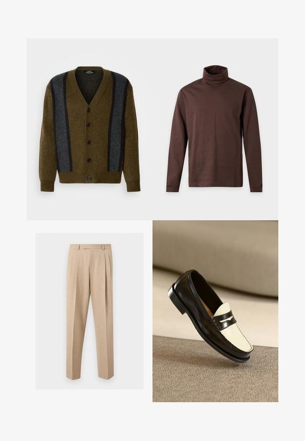 Strikket cardigan i olivengrøn med grå lodrette striber. Har V-hals, knaplukning foran og ribbede manchetter. Tekstureret stof, afslappet pasform.; Brun langærmet rullekraveskjorte med et lille præget "HUGO"-logo på brystet, vist mod en ensfarvet hvid baggrund.; Beige skræddersyede bukser med frontplisser, bæltestropper og lige ben, vist mod en ensartet lys baggrund.; Sort læderloafer med en cremefarvet vamp og sorte accentstriber, som har en lav hæl og detaljeret syning langs kanterne.