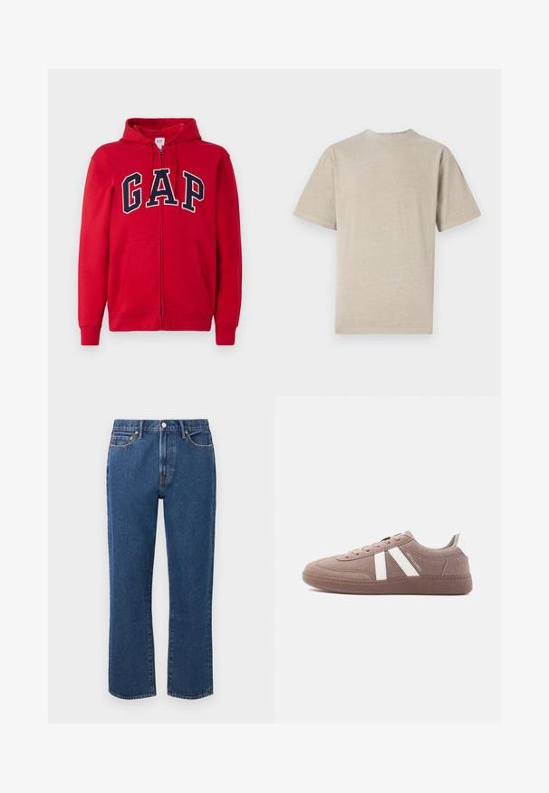 Roten Reißverschluss-Hoodie aus Baumwolle mit einem auffälligen marineblauen "GAP"-Logo auf der Brust, Kapuze und Fronttaschen.; Kurzarm-T-Shirt in hellem Beige mit Rundhalsausschnitt, aus weichem Stoff gefertigt, mit glatter Textur und schlichtem Design ohne Grafiken.; Blaue gerade Jeans aus Denim mit einem Knopfverschluss, fünf Taschen und kontrastierenden orangen Nähte.; Lässiger brauner Wildleder-Sneaker mit weißen Streifen, Schnürverschluss, strukturierter Sohle und "JACK & JONES"-Markenlogo an der Seite.