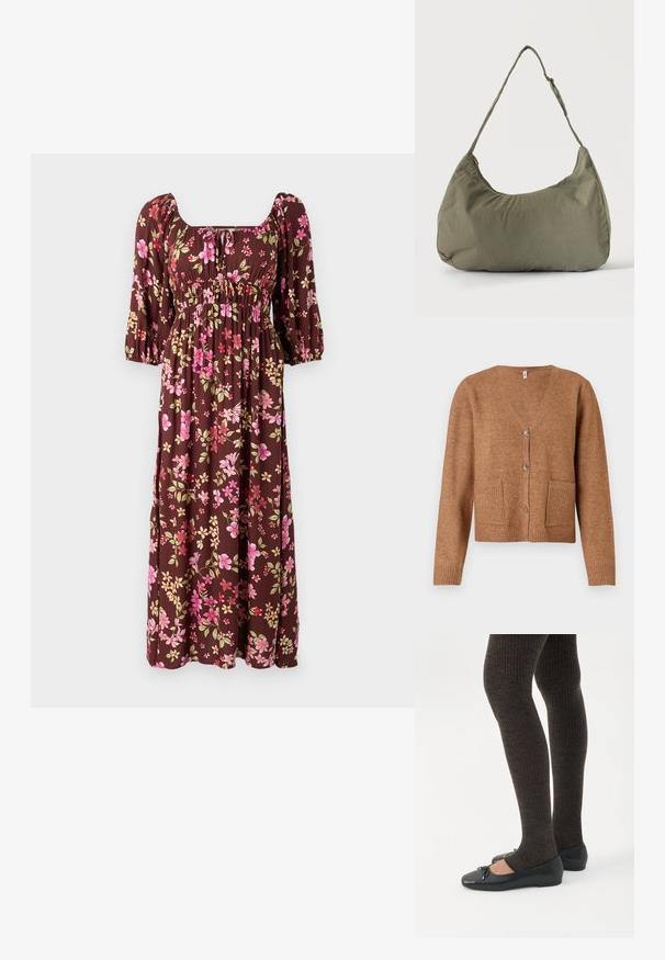 Brun strikket cardigan med V-hals, knaplukning foran, to forlommer med ribbet detalj og ribbede manchetter. Blød tekstur og afslappet pasform.; Brun blomster maxi kjole med puffærmer, firkantet udskæring og rynket bodice med pink og gule blomstermønstre. Blødt stof.; Ben iført mørke ribbede leggings kombineret med sorte balletsko med små sløjfedetaljer på hvid baggrund.; Skuldertaske i blødt olivengrønt stof med lynlås og justerbar rem på ensfarvet, lyst baggrund.