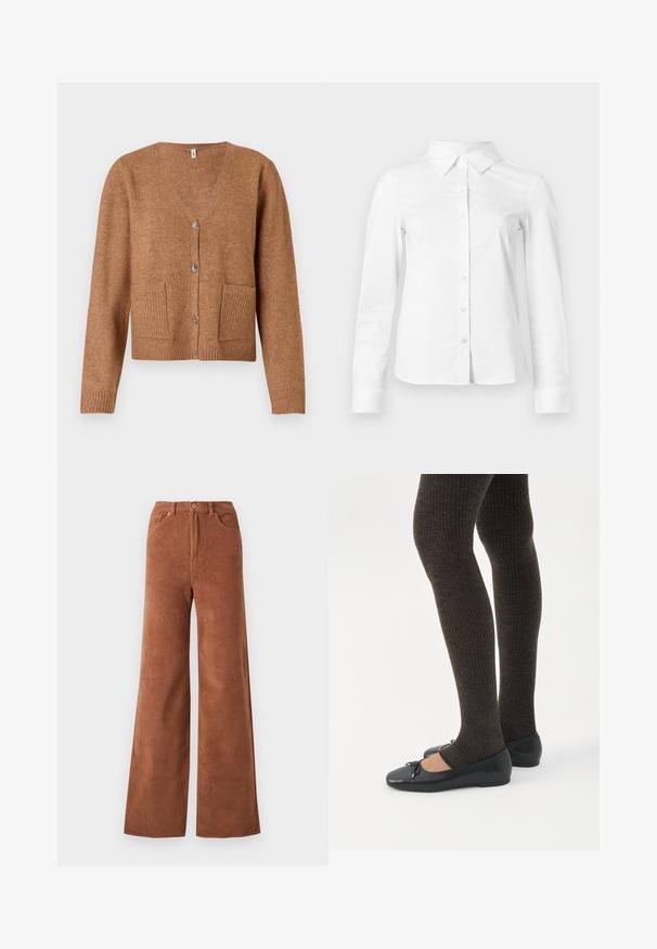 Cardigan en tricot marron avec un col en V, fermeture par boutons, deux poches avant avec des détails côtelés et des poignets côtelés. Texture douce et coupe décontractée.; Chemise blanche à manches longues avec boutons, col pointu, ourlet droit et silhouette ajustée, présentée sur un fond clair uni.; Pantalons en velours côtelé à jambes larges dans une riche couleur brune, dotés de côtes verticales, de poches avant et d'une fermeture à bouton à la taille.; Jambes portant des leggings côtelés foncés associés à des ballerines noires avec de petits détails en nœud sur fond blanc.