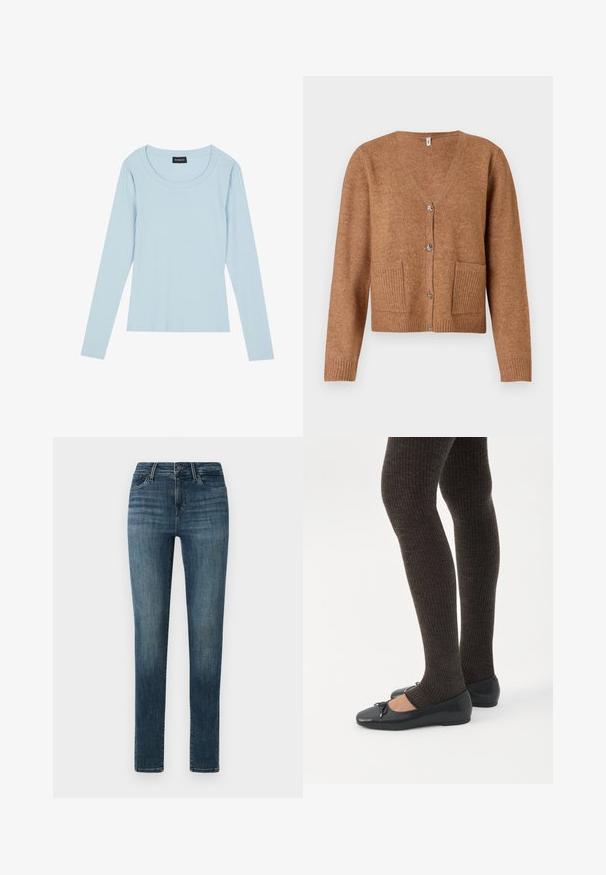 Brun strikket cardigan med V-hals, knaplukning foran, to forlommer med ribbet detalj og ribbede manchetter. Blød tekstur og afslappet pasform.; Lyseblå langærmet ribbet top med rund halsudskæring og tætsiddende design. Blød tekstur med et subtilt mønster, der løber lodret.; Mørkeblå denim jeans med slim fit, der har en knaplukning, fem lommer og subtile slidser langs lårene.; Ben iført mørke ribbede leggings kombineret med sorte balletsko med små sløjfedetaljer på hvid baggrund.