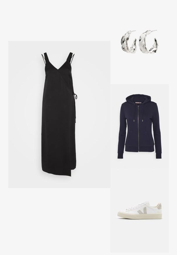 Anna Field Sweatjacke - dark blue; Calvin Klein SLIP DRESS - Cocktailkleid/festliches Kleid - black; Weiße Sneaker aus Leder mit grauen V-Logo-Akzenten, strukturiertem Gummiabsatz, weißen Schnürsenkeln sowie gepolstertem Zungen- und Knöchelbereich.; Silberne Creolen mit einem abstrakten, strukturierten Design. Sie verfügen über unregelmäßige Formen und eine polierte Oberfläche, die einzigartige Konturen zur Schau stellen.