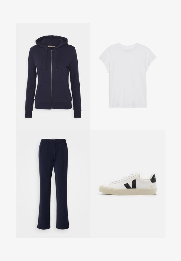 Anna Field by Zalando Mikina so zipsom - dark blue; Biela krátka rukávová tričko s okrúhlym výstrihom, voľný strih, vyrobené z jemnej bavlnenej látky. Hladká textúra, bez vzorov alebo log.; Tmavomodré nohavice rovného strihu z elastickej látky s elastickým pásom a dvoma prednými vreckami. Hladká textúra, bez viditeľných vzorov.; Biele kožené tenisky s čiernym gumovým logom V. Textúrovaná svetlo krémová podrážka, biele šnúrky a detail na zadnej päte s názvom značky v čiernej farbe.