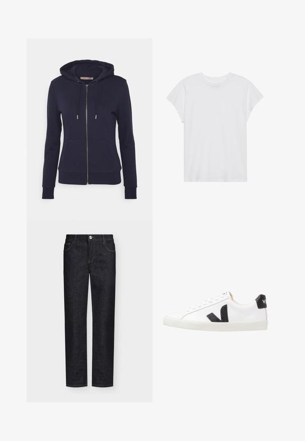 Anna Field Sweatjakke - dark blue; Hvid kortærmet t-shirt med rund hals, afslappet pasform, lavet af blødt bomuldsstof. Glat tekstur, ingen mønstre eller logoer.; Sorte jeans med lige ben, forlommer, bæltestropper og knaplukning på en ensfarvet baggrund.; Hvide sneakers med et sort V-logo, der har en glat læderoverdel, rund tå, snørrelukning og en kontrasterende sort hælflap.