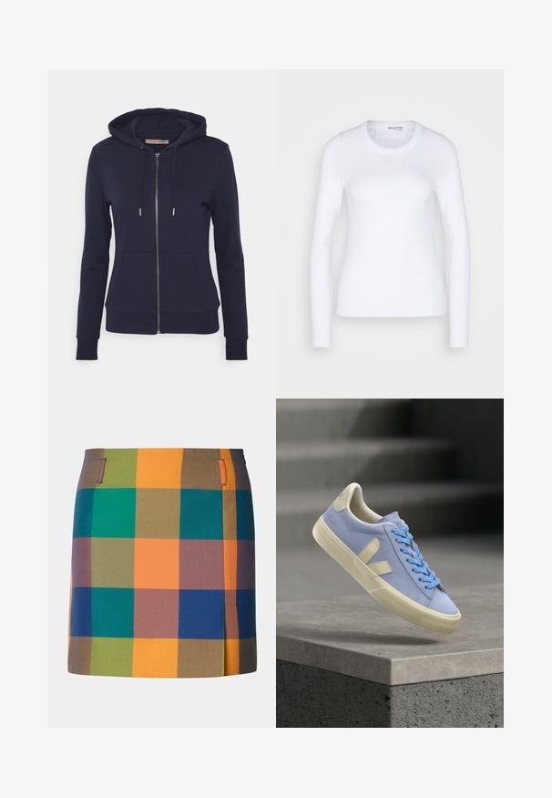 Anna Field Sweatjakke - dark blue; Selected SLFDIANNA O NECK - Langærmet T-shirt - bright white; Multifarvet nederdel med et iøjnefaldende ternet mønster med orange, grønne, blå og brune firkanter. Designet med lige snit og sidde accenter.; Lyseblå ruskindssneaker med cremefarvet sål og logo, blå snørebånd, svævende over grå stensurface med slørede trapper i baggrunden.