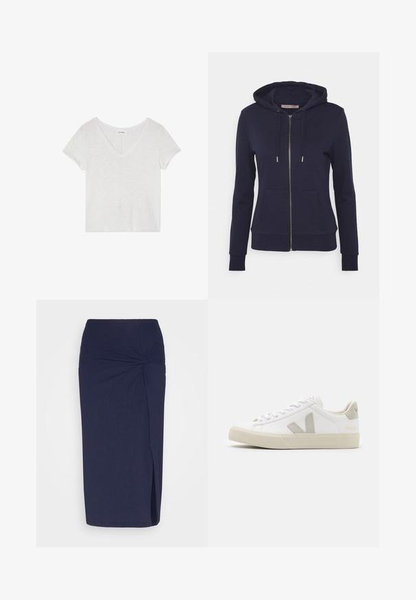 Anna Field by Zalando Lukuga pusa - dark blue; Valge lühikeste varrukatega ja v-kaelusega lühike t-särk, valmistatud kergest, kergelt tekstureeritud kangast. Kaeluse lähedal on nähtavad minimaalsed sildid.; Anna Field by Zalando Pliiatsseelik - dark blue; Valged nahast jooksujalatsid hallide V-logo aktsentidega, tekstureeritud kummist tald, valged paelad ning polsterdatud keeled ja krae.