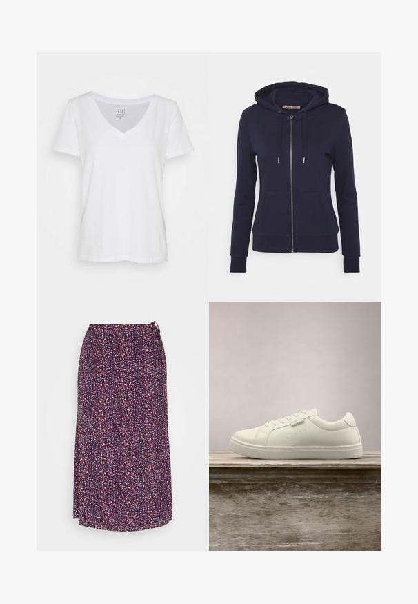 Anna Field Sweat zippé - dark blue; T-shirt en coton blanc à col en V, à manches courtes, avec une coupe décontractée et une étiquette près de l'encolure. Texture lisse, sans motifs ni accents.; GAP WRAP MIDI SKIRT - Jupe portefeuille - red; Baskets en cuir blanc avec des lacets flottant au-dessus d'un banc en bois, herbe verte haute floue en arrière-plan à l'extérieur.