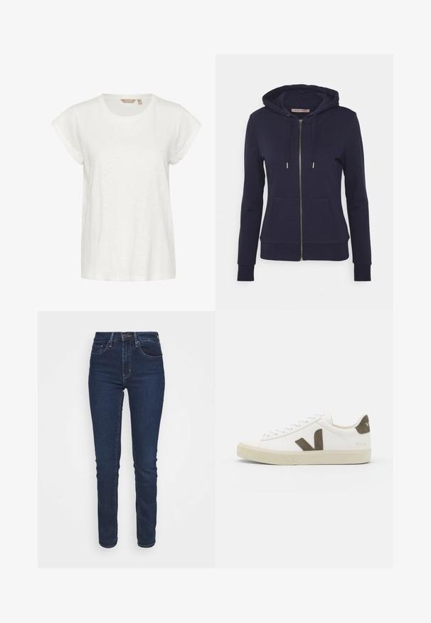 Anna Field Sudadera con cremallera - dark blue; Camiseta blanca de manga corta con cuello redondo, fabricada en un material suave y ligero, con un ajuste holgado. Sin patrones ni acentos notables.; Vaqueros de mezclilla azul oscuro con un corte ajustado, cintura de altura media, bolsillos frontales y un cierre con cremallera. La tela tiene una textura suave.; Zapatilla de cuero blanca con una suela de goma beige texturizada, que presenta un destacado logo "V" marrón en el lateral y detalles de ante a juego.