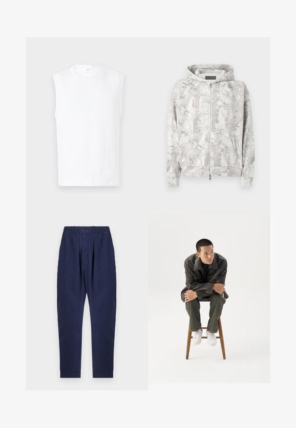 Hættetrøje i lysegrå med et naturinspireret mønster. Har en lynlås foran, to lommer og ribstrikkede ærmeender. Blød tekstur.; Hvid ærmeløs T-shirt med rund halsudskæring, lavet af et glat stof, med et enkelt design og rene kanter.; Marineblå bukser lavet af tekstureret stof med elastisk talje, knaplukning og to frontfolder for ekstra designfunktion.; Ung mand i mørk læderjakke og jeans sidder på en træskammel, læner sig fremad med armene krydset og kigger til siden mod hvid baggrund.