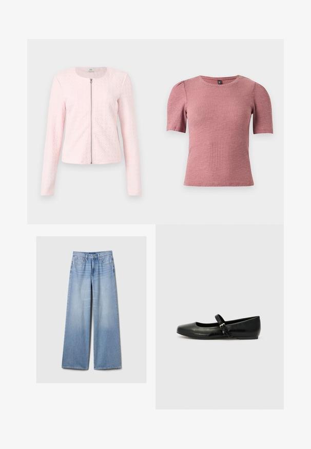 Veste matelassée rose clair à manches longues avec une fermeture éclair argentée à l'avant et un col rond, présentée sur un fond uni.; Top à manches courtes en tissu côtelé couleur rose poussière. Encolure ronde avec épaules légèrement bouffantes. Coupe ajustée, matière extensible.; Jeans en denim large de couleur bleu clair avec des poches avant, des passants de ceinture, et une fermeture à bouton et à zipper.; Ballerines en cuir noir avec un bout arrondi, une semelle plate et une fine sangle ajustable sur le cou-de-pied avec une boucle en métal.