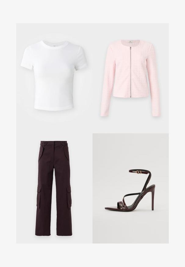Hellrosa, gesteppte Jacke mit langen Ärmeln, vorne mit einem silbernen Reißverschluss und rundem Ausschnitt, auf einfarbigem Hintergrund präsentiert.; Weißes, kurzärmeliges, cropped T-Shirt mit Rundhalsausschnitt, auf einem neutralen, hellen Hintergrund präsentiert.; Dunkelviolette Cargo-Hosen mit geradem Bein, Klappentaschen an den Seiten, schrägen Fronttaschen und Gürtelschlaufen an der Taille.; Bordeaux-farbenes Lackleder-High-Heel-Sandale mit einem Knöchelriemen, spitzem Zehenbereich und drei horizontalen Riemen über dem Fuß. Details mit goldfarbener Schnalle.