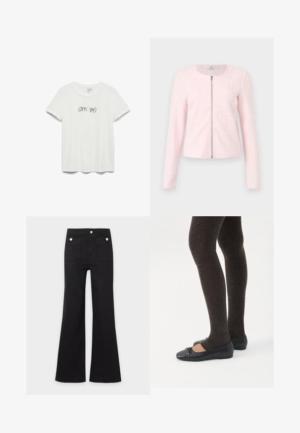 Veste matelassée rose clair à manches longues avec une fermeture éclair argentée à l'avant et un col rond, présentée sur un fond uni.; T-shirt blanc à manches courtes avec encolure arrondie et le mot "amore" en écriture noire avec un petit cœur doré au centre.; Pantalon noir taille haute à jambes larges avec deux poches plaquées à l'avant et de petits boutons dorés en forme de cœur sur les poches et la ceinture.; Jambes portant des leggings côtelés foncés associés à des ballerines noires avec de petits détails en nœud sur fond blanc.