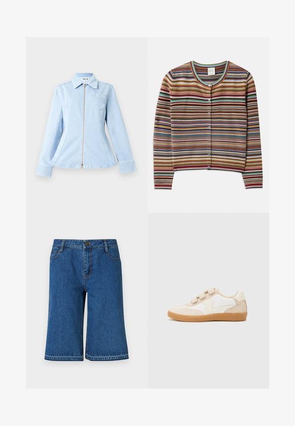 Cardigan rayé avec un col rond, présentant des rayures horizontales multicolores en rouge, brun, bleu-vert et jaune, et cinq boutons à l'avant.; Veste en denim bleu clair avec fermeture éclair, col pointu et une poche poitrine. Présente une coupe ajustée et des manches longues.; Shorts en denim bleu avec une coupe droite, dotés d'une taille, de cinq poches et de détails de couture discrets le long des coutures.; Baskets en cuir blanc et beige avec des accents en daim, dotées d'un bout rond, de trois bandoulières Velcro et d'une semelle en caoutchouc couleur gomme.