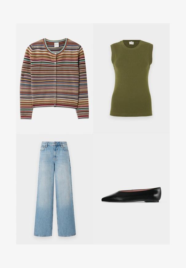 Stribet cardigan med rund hals, der har multikolor vertikale striber i rød, brun, teal og gul samt fem forreste knapper.; Ærmeløs tanktop i olivengrøn, lavet af et glat, strækbart stof. Har rund halsudskæring og tætsiddende silhuet uden synlige sømme.; Lyseblå brede jeans med høj talje, der har falmede ben, bæltestropper og traditionel metalknap samt lynlås lukning.; Sort damesko i læder med flad hæl og spids tå, vist fra siden på en ensfarvet lys grå baggrund.