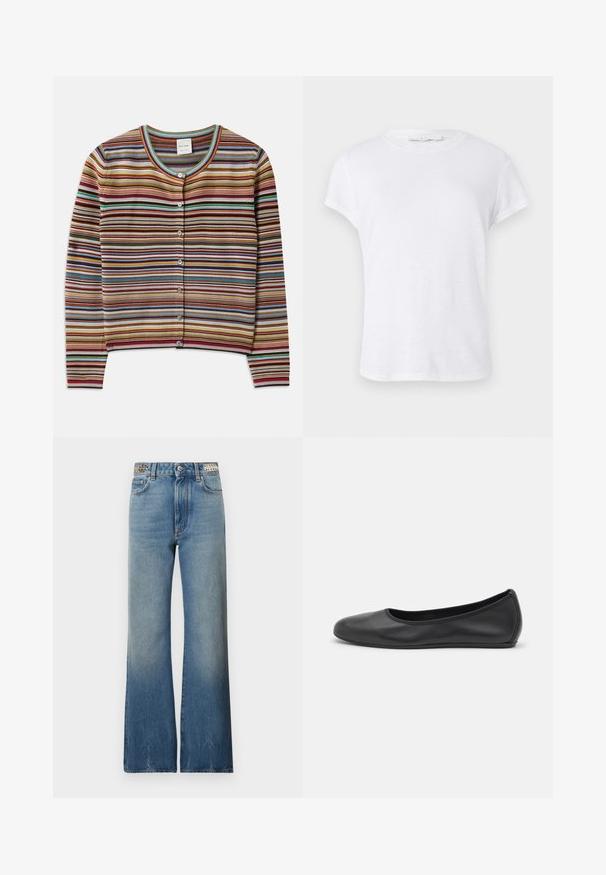Stribet cardigan med rund hals, der har multikolor vertikale striber i rød, brun, teal og gul samt fem forreste knapper.; Hvid kortærmet t-shirt med rund halsudskæring, lavet af letvægtsstof, med et simpelt og rent design uden udsmykninger.; Rabanne Jeans Straight Leg - denim stone; Sort læderballetsko med rund tå, glat tekstur, minimal syning og et fleksibelt såldesign.