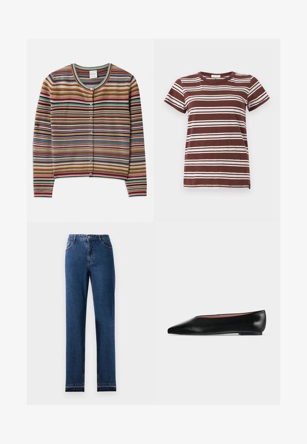 Stribet cardigan med rund hals, der har multikolor vertikale striber i rød, brun, teal og gul samt fem forreste knapper.; Brun stribet t-shirt med horisontale hvide striber, korte ærmer og en klassisk rund halsudskæring lavet af blød bomuld.; Blå denim jeans med lige ben-design, fem lommer og en knap-lukning. Har kontrast søm og en let falmning.; Sort damesko i læder med flad hæl og spids tå, vist fra siden på en ensfarvet lys grå baggrund.