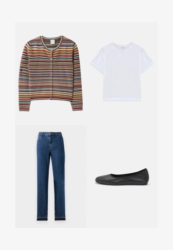 Streepjessweater met een ronde hals, voorzien van multikleurige horizontale strepen in rood, bruin, teal en geel, en vijf knopen aan de voorkant.; Witte cropped t-shirt van zacht katoen, met een ronde hals en korte mouwen in een iets ontspannen pasvorm. Geen patronen of accenten.; Blauwe denim jeans met een recht beenontwerp, vijf zakken en een knoopsluiting. Kenmerkt contraststiksels en een lichte vervaging.; Zwarte leren ballerina met een ronde neus, gladde textuur, minimale stikdetails en een flexibele zoolontwerp.