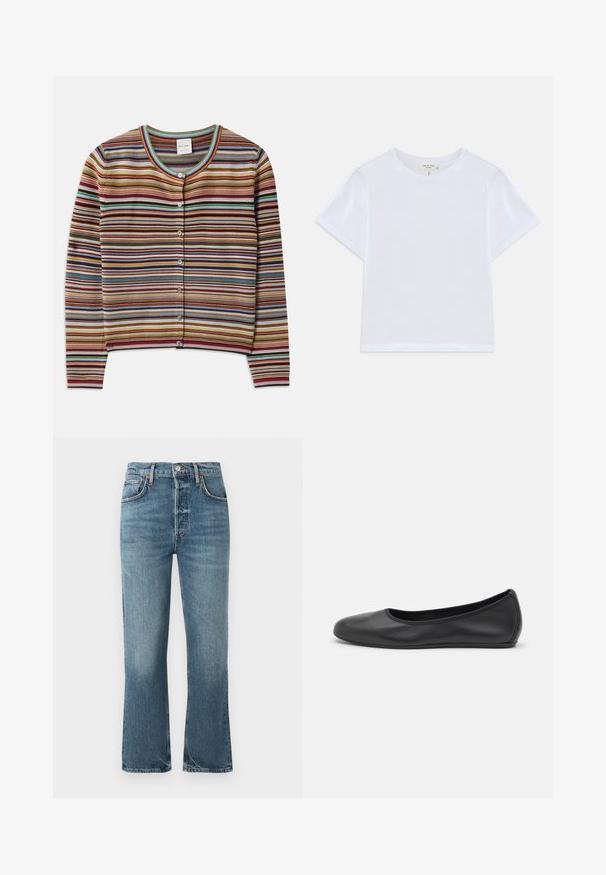 Streepjessweater met een ronde hals, voorzien van multikleurige horizontale strepen in rood, bruin, teal en geel, en vijf knopen aan de voorkant.; Witte cropped t-shirt van zacht katoen, met een ronde hals en korte mouwen in een iets ontspannen pasvorm. Geen patronen of accenten.; Lichtblauwe denim jeans met een hoge taille, recht gesneden pijpen en subtiele vervaging. Kenmerken zijn klassieke vijf-pocket styling en een metalen knoopsluiting.; Zwarte leren ballerina met een ronde neus, gladde textuur, minimale stikdetails en een flexibele zoolontwerp.