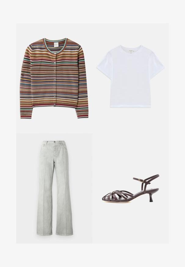 Cardigan rayé avec un col rond, présentant des rayures horizontales multicolores en rouge, brun, bleu-vert et jaune, et cinq boutons à l'avant.; T-shirt blanc court en coton doux, avec un col rond et des manches courtes, d'ajustement légèrement décontracté. Pas de motifs ni d'accents.; Jean évasé gris clair, en denim, avec une taille haute, un design à cinq poches et une finition épurée avec des détails de couture minimalistes.; Sandale à talon kitten en cuir marron foncé avec lanières et bride de cheville réglable à boucle sur fond blanc.